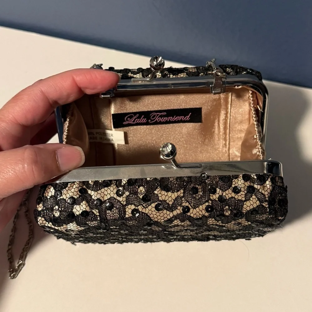 Lulu Townsend Elegant Black Lace With Sequins Evening Clutch - Beige Underlay